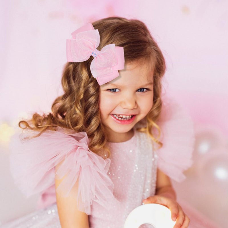 Zolyco Glitter 4.5-Inch Hair Bows Organza Alligator Clips, Sequin Delicate Double Silver Thread Woven Mesh Hair Accessories for Girls, Toddler, Kids and Women Birthday Wedding - Set of 2 (Light Pink) - Image 3